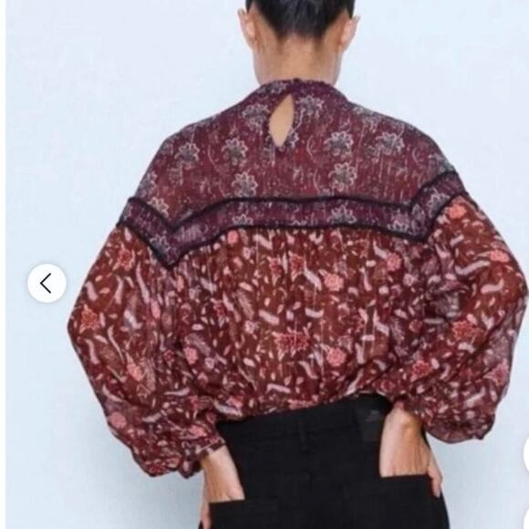 ZARA High Neck Sheer Floral Lace Bishop Sleeve  Babydoll Top Size Medium - Picture 2 of 14